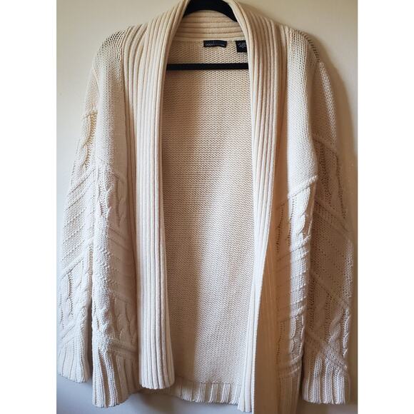 Moda International S Ivory Cardigan Sweater Coat Fisherman Cable Knit Soft Cozy - Picture 1 of 11